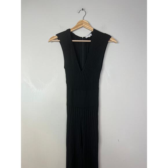 NEW A.L.C. V-Neck Cap Sleeves Holden Ribbed Knit Black Flare Leg Jumpsuit - Picture 3 of 7